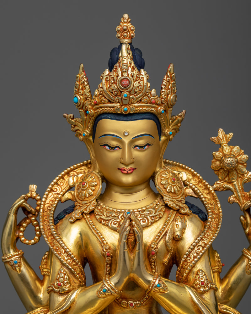 Gold Plated Chenrezig Statue | Handmade Figure of Compassionate Bodhisattva