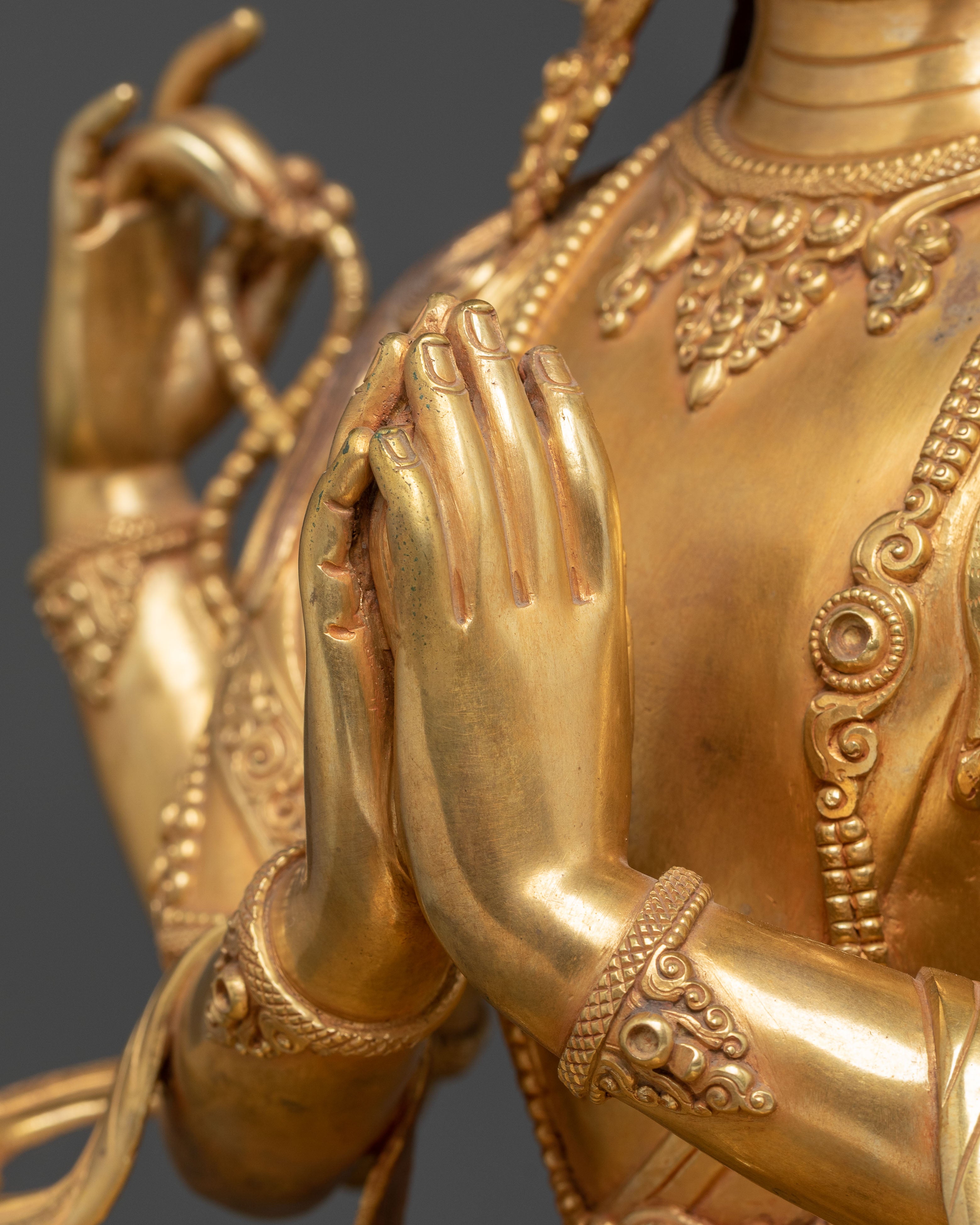 Golden Figurine Of Bodhisattva Chenrezig For Meditation | Tibetan Buddhism