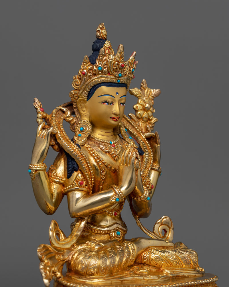 Chenrezik Statue | Handmade Sculpture of Gold Gilded Boddhisattva Deity