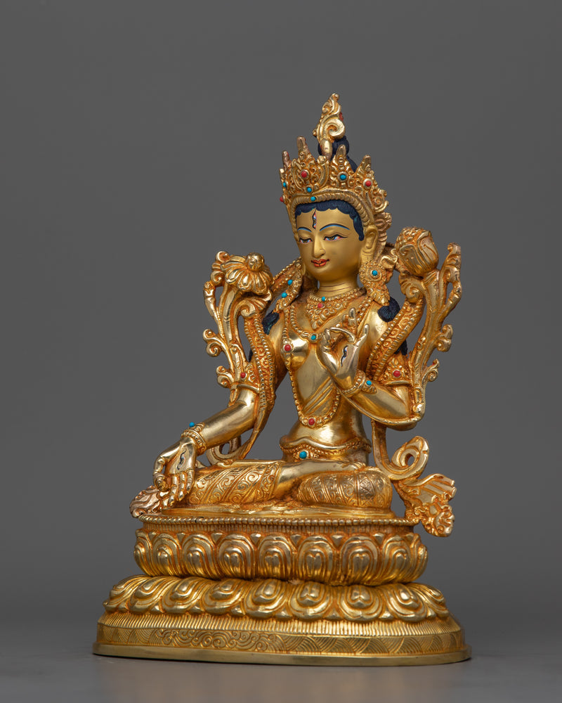 Female Goddess White Tara Statue | Gold Gilded Healing Deity Sculpture