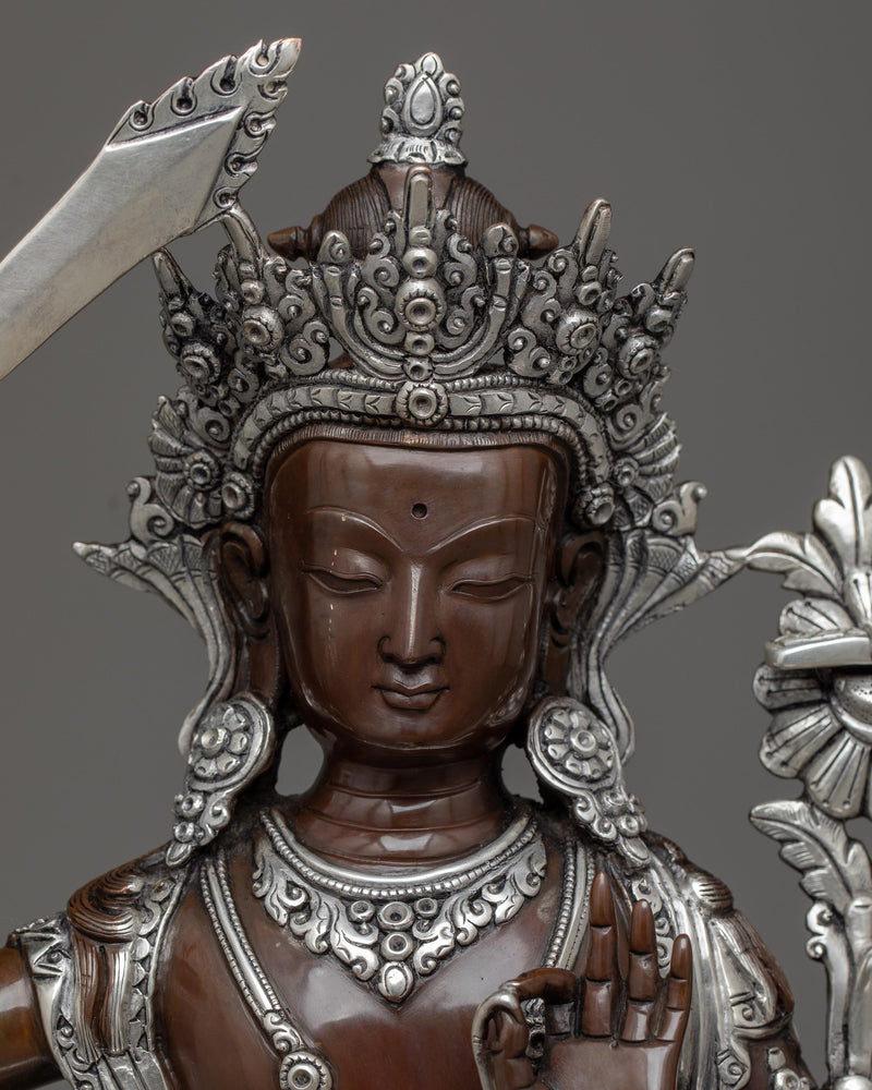 Silver-Plated Manjusri Statue | Wisdom's Radiance Sculpture