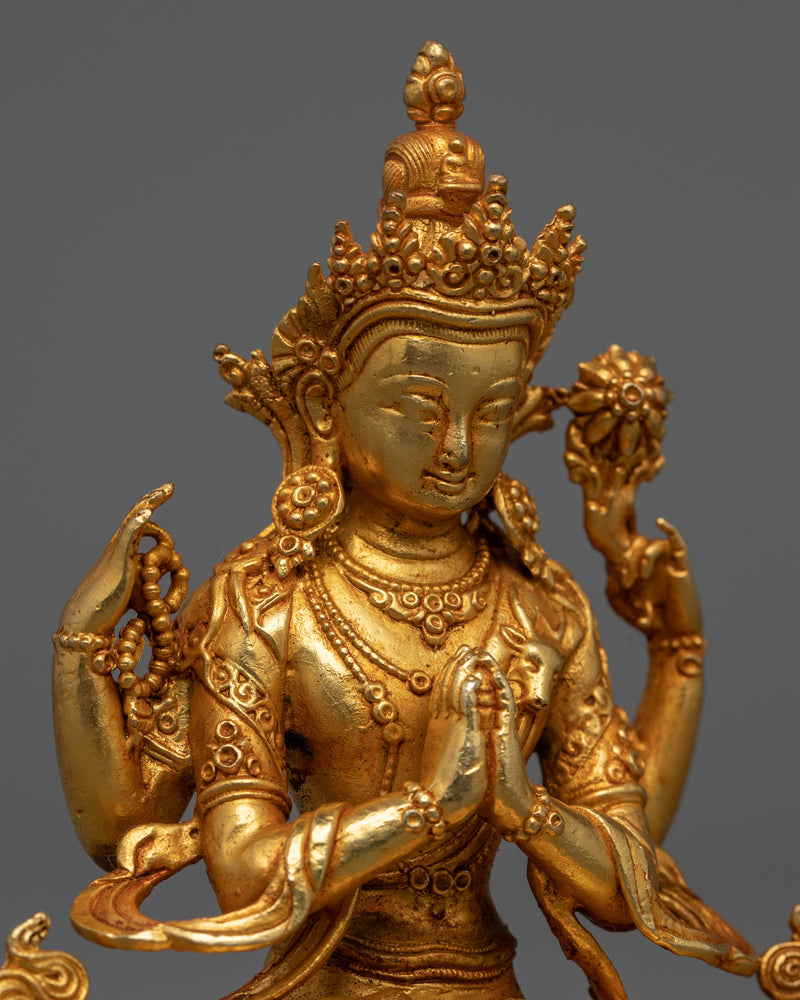 Miniature Chenrezig Statuette | 24K Gold Electroplated Symbol of Compassion