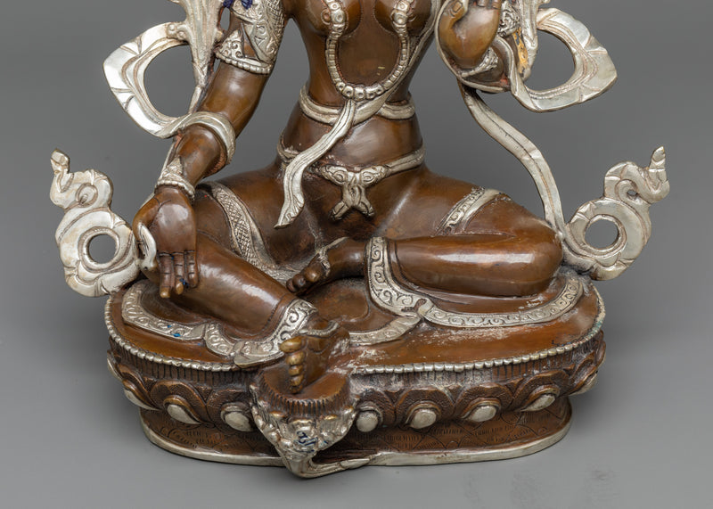 Green Tara Buddha Statue | Silver & Gold Harmony in Oxidized Copper