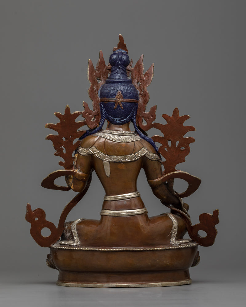 Green Tara Buddha Statue | Silver & Gold Harmony in Oxidized Copper