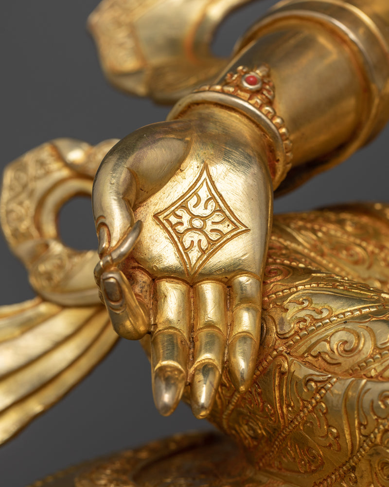 Green Tara Bosatsu Statue | 24K Gold Gilded with Gemstones | Japanese Altar, Shrine