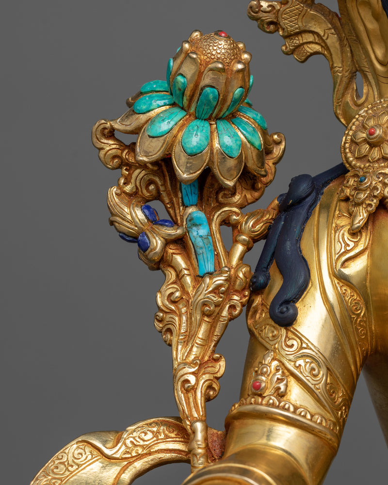Green Tara Bosatsu Statue | 24K Gold Gilded with Gemstones | Japanese Altar, Shrine