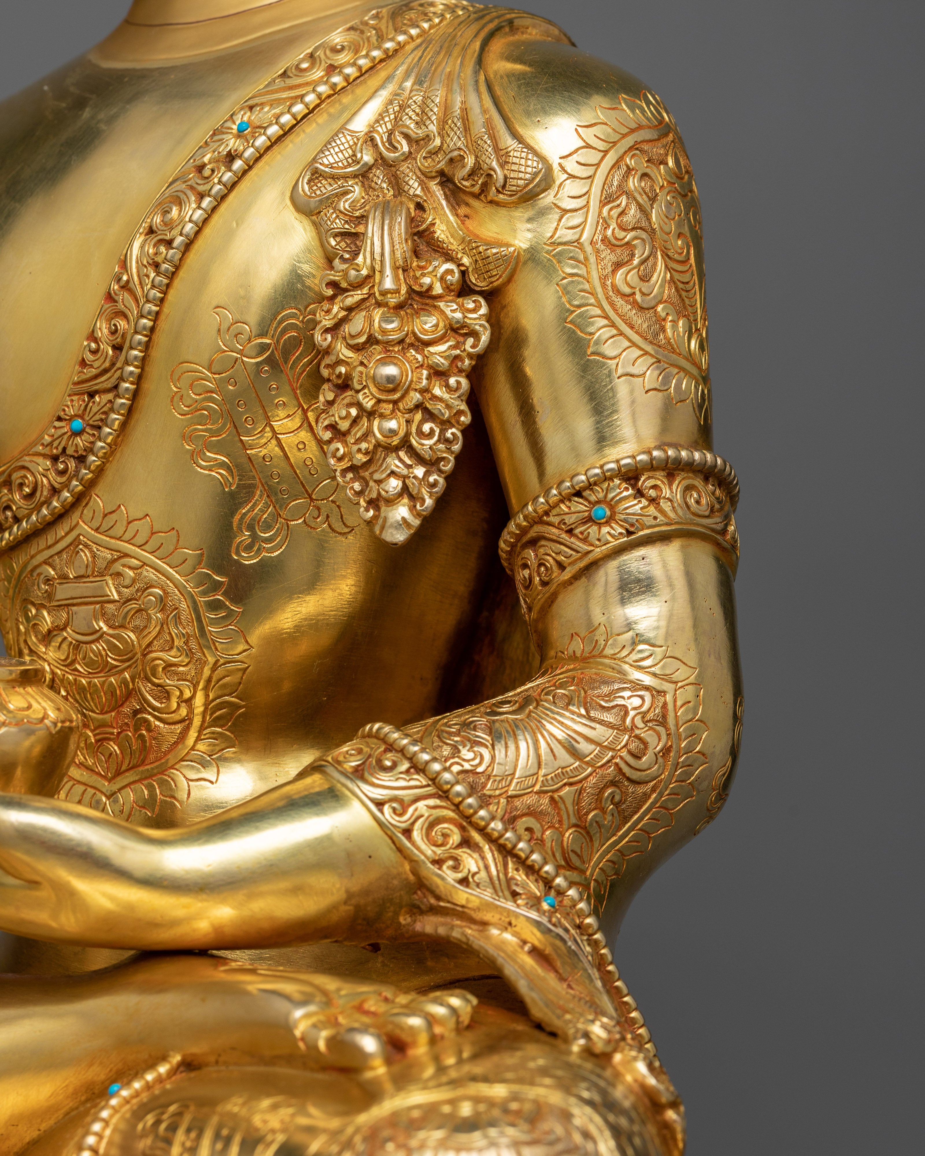 Majestic Bhagavan Shakyamuni Sculpture | 24K Gold Gilded Copper Statue