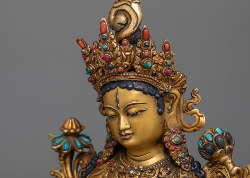 Serene White Tara Buddha Statue in 24K Gold | Symbol of Longevity in Antique Finished