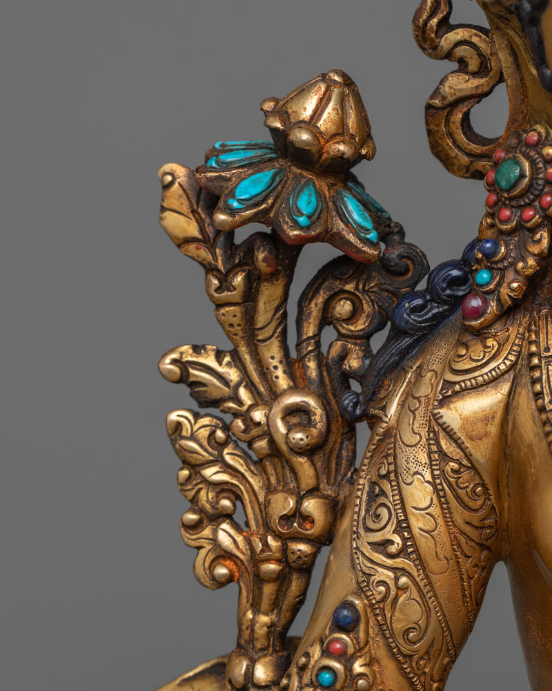 Green Tara buda in 24K Gold Antique Finished | Traditional Himalayan Art