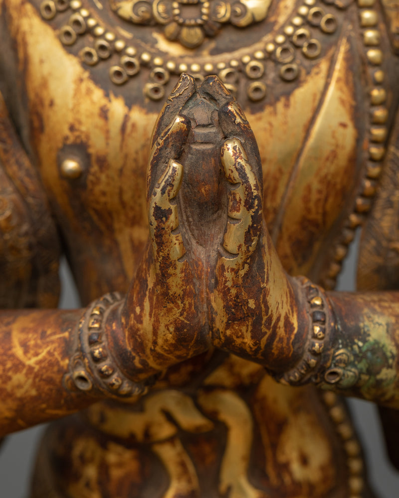 Antique Chenrezig Bodhisattva Statue | 24K Gold Gilded Compassion Deity