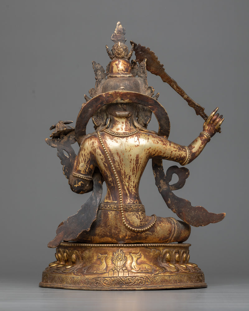 Antique-Finished Peaceful Manjushri Statue | 24K Gold Gilded Wisdom