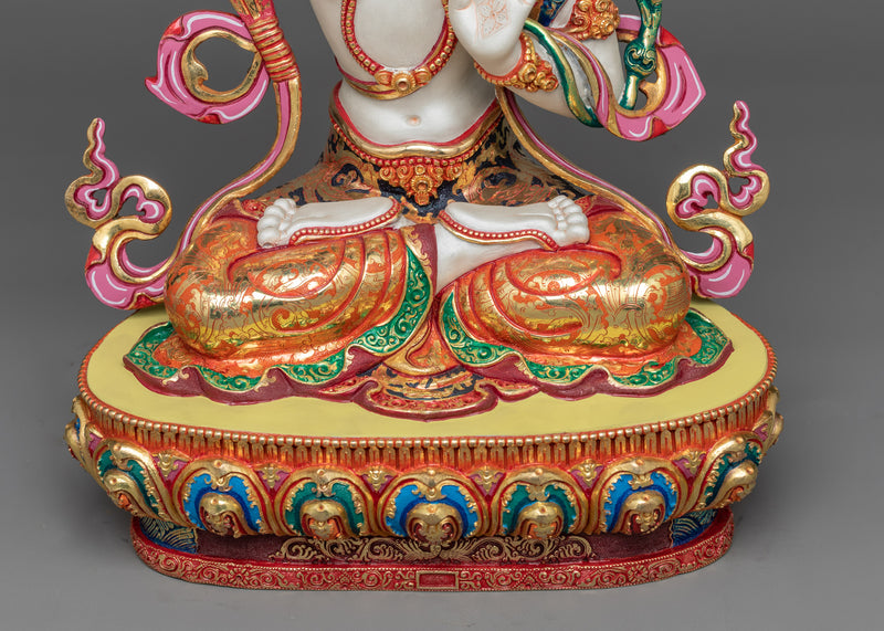 Tibetan Manjushri Statue | 24K Gold Gilded Touch with White Finish