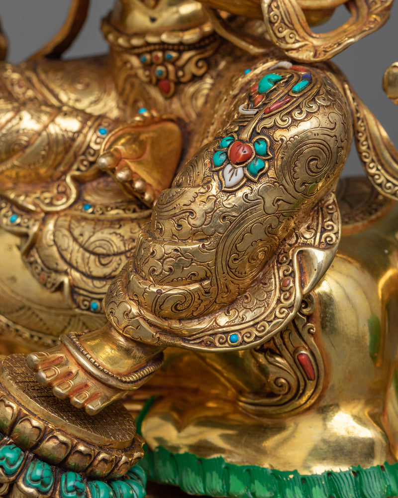 Manjushri on Lion Sculpture | Vadisimha in 24K Gold and Gemstones
