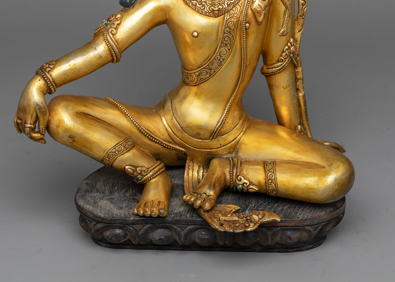 Bodhisattva Chenrezig Statue with Wooden Lotus Seat | 24K Gold and Antique Finish