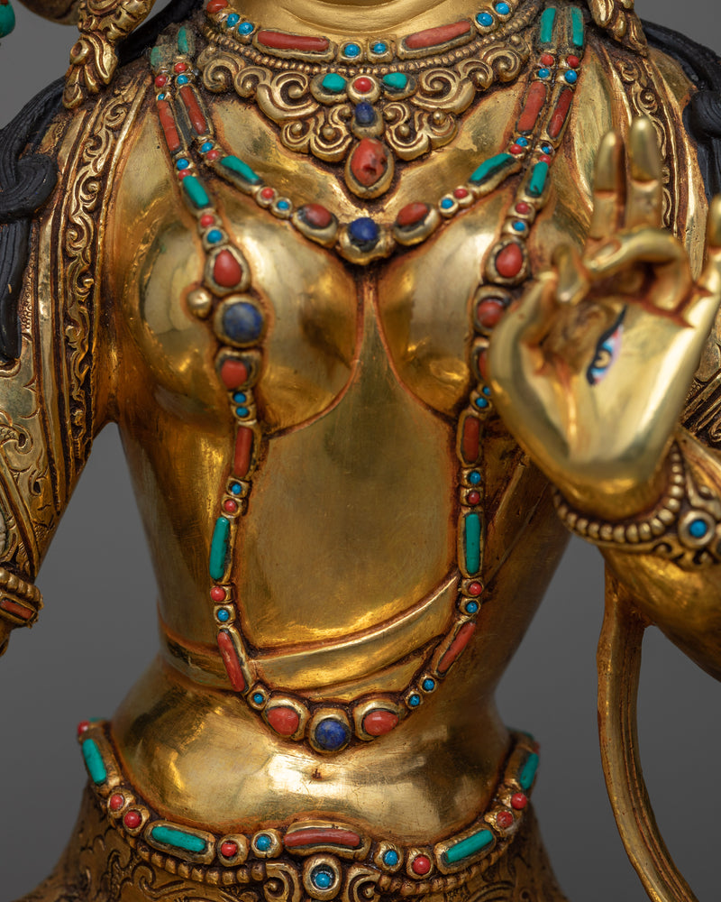 White Tara Sculpture in Triple-Layered 24K Gold with Gemstones | A Vision of Serenity