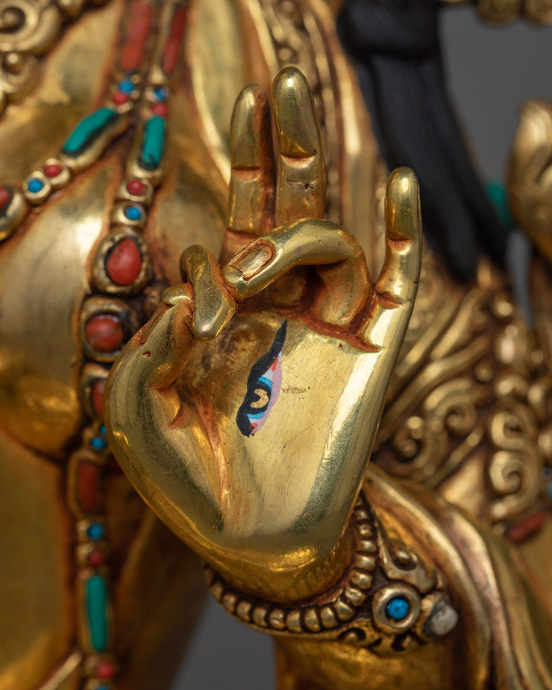 White Tara Sculpture in Triple-Layered 24K Gold with Gemstones | A Vision of Serenity