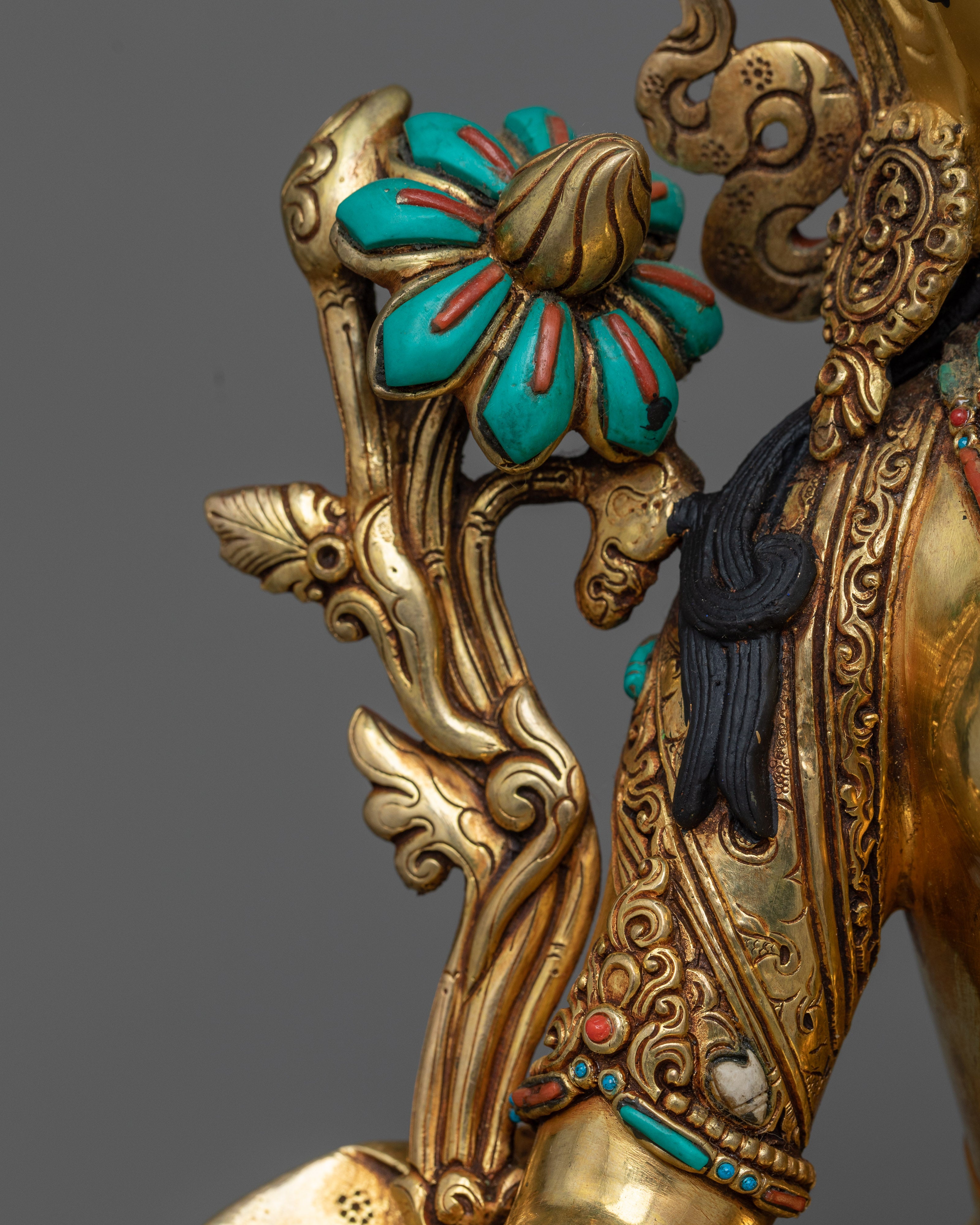 White Tara Sculpture in Triple-Layered 24K Gold with Gemstones | A Vision of Serenity