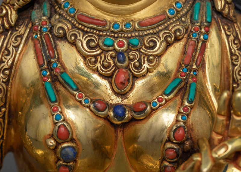 White Tara Sculpture in Triple-Layered 24K Gold with Gemstones | A Vision of Serenity