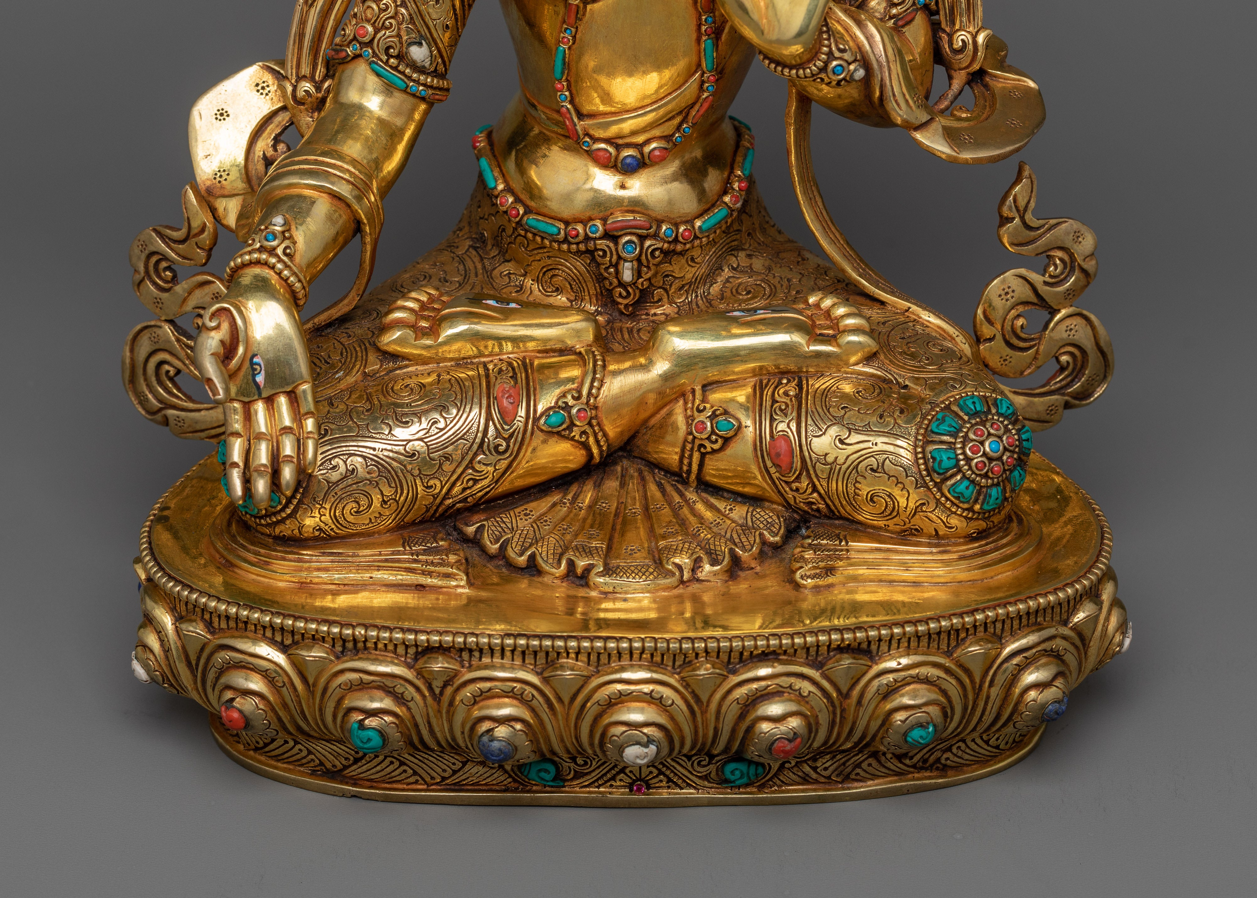 White Tara Sculpture in Triple-Layered 24K Gold with Gemstones | A Vision of Serenity