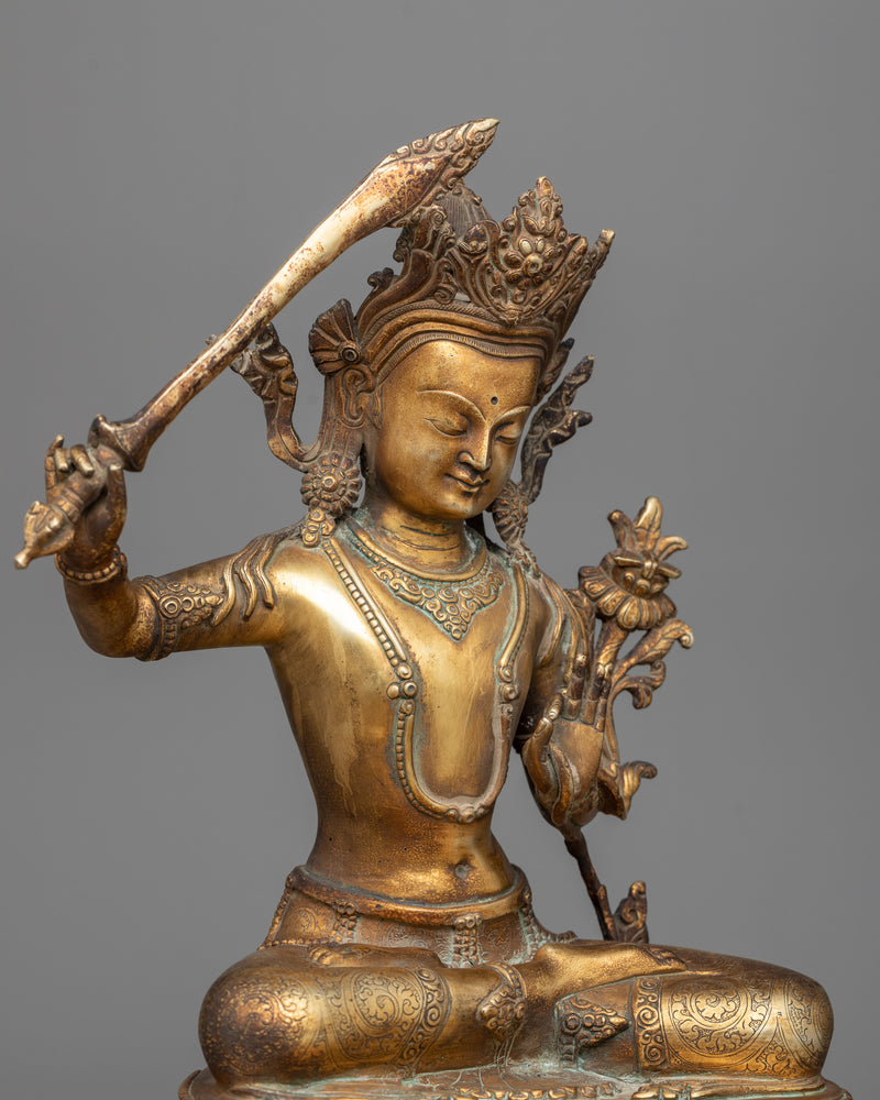 Manjushri Antique Finished Statue in 24K Gold | Embodiment of Transcendent Wisdom