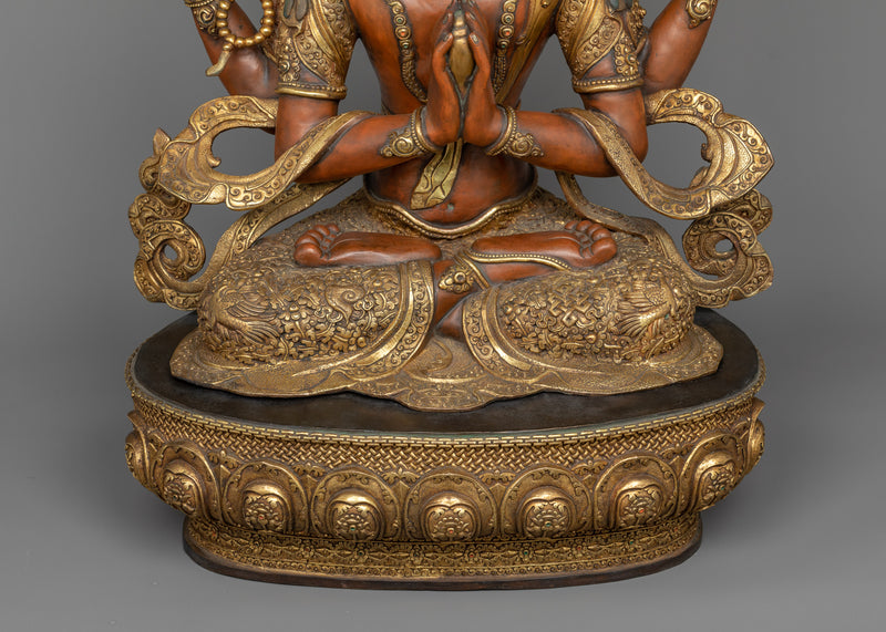 Antique-Finished Red Chenrezig Statue | Himalayan Buddhist Sculpture
