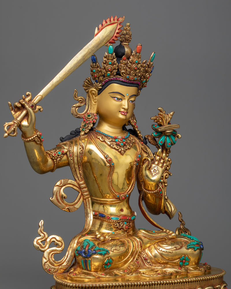 Manjushri Gilt Statue in Triple-Layered 24K Gold | A Masterpiece of Wisdom and Clarity