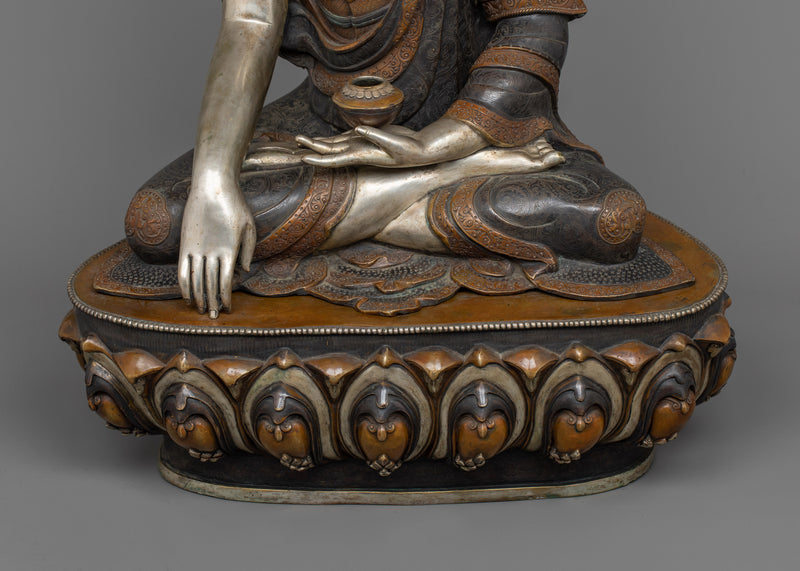 Buddha Shakyamuni with Guardian Dharmapalas | A Silver-Plated Meditation Ensemble