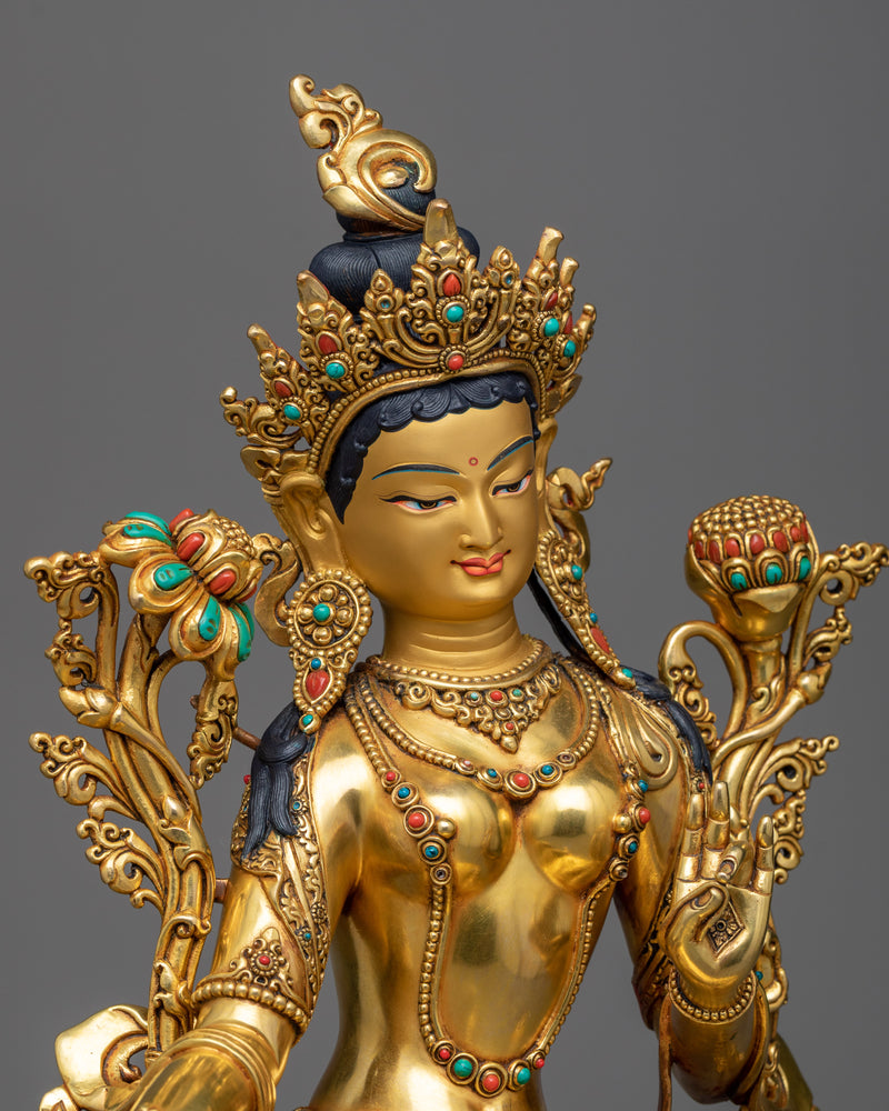 Green Tara Gilt Sculpture | Divine Femininity in 24K Gold