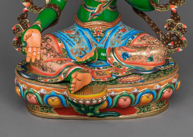 Green Tara Painted Statue | A Majestic Portrait in 24K Gold and Vivid Hues