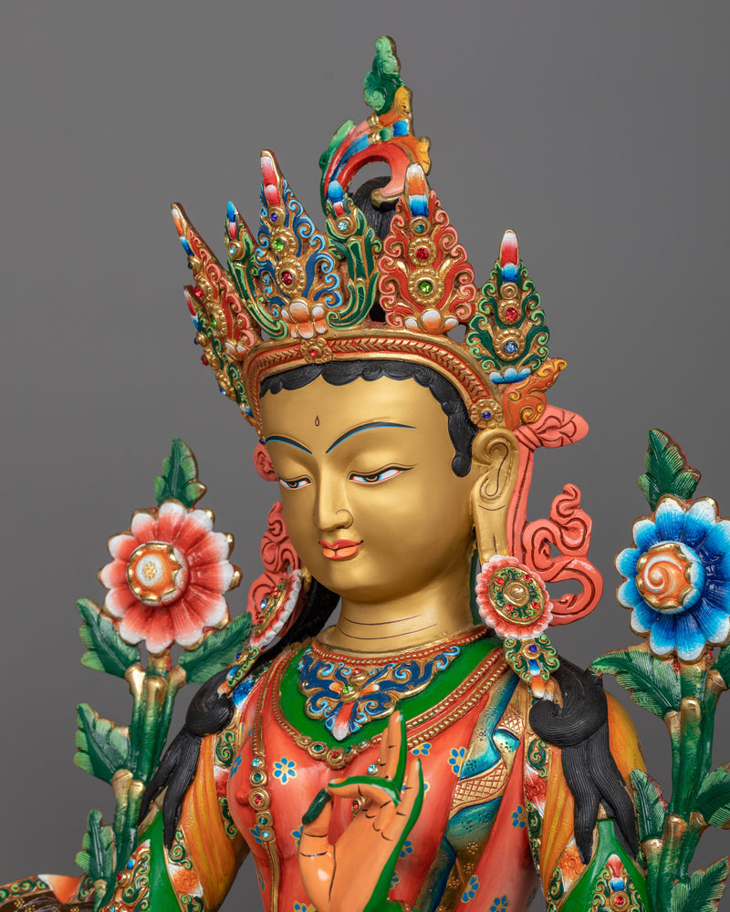 Green Tara Painted Statue | A Majestic Portrait in 24K Gold and Vivid Hues