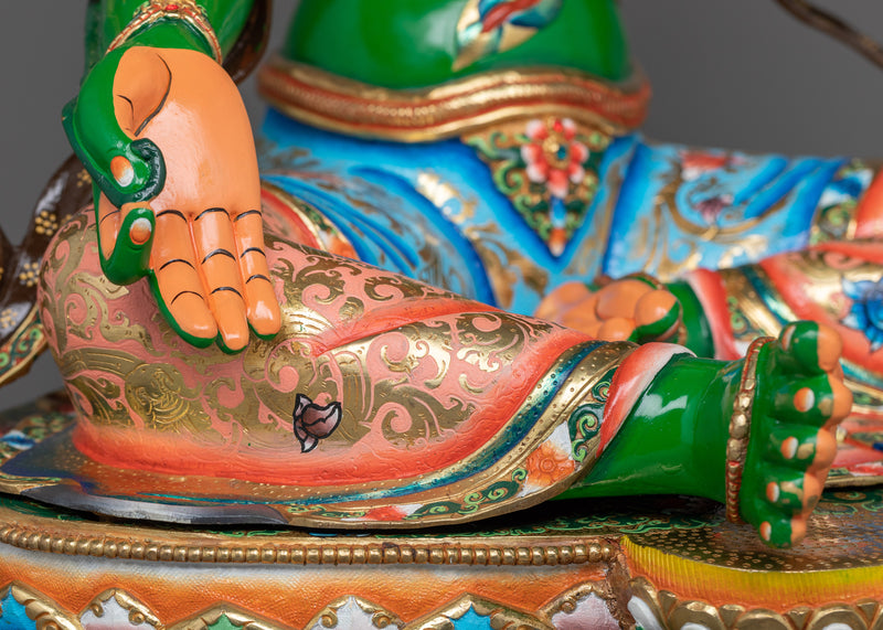 Green Tara Painted Statue | A Majestic Portrait in 24K Gold and Vivid Hues