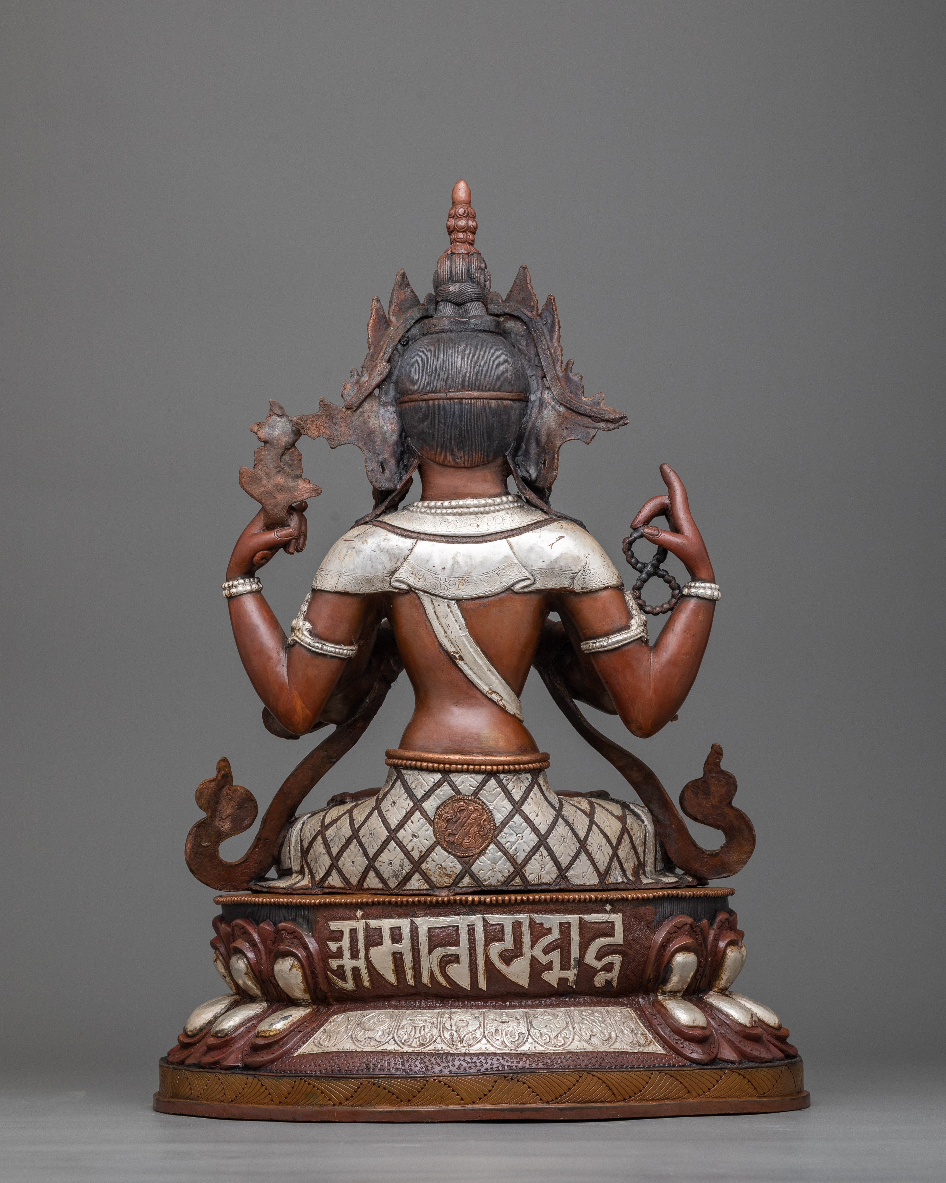 4-Armed Chenrezig Copper Statue | A Silver-Plated Vision of Compassion