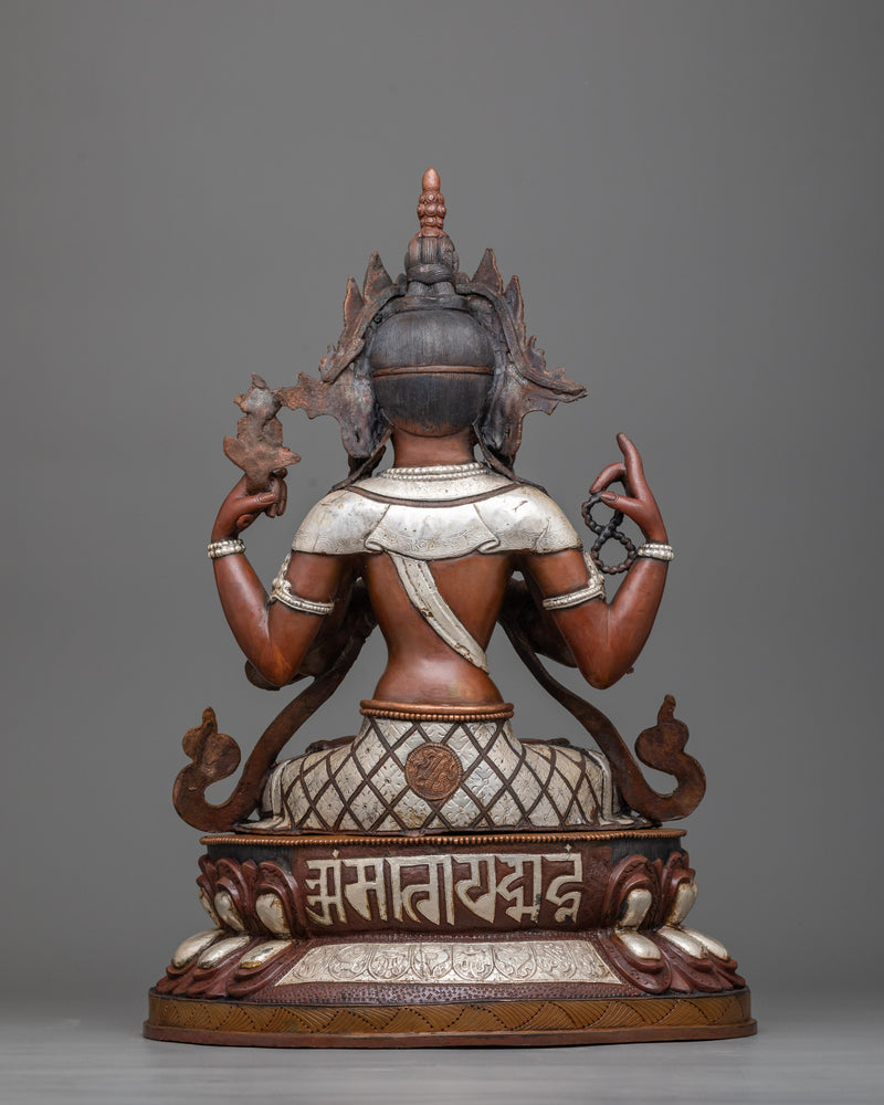 4-Armed Chenrezig Copper Statue | A Silver-Plated Vision of Compassion