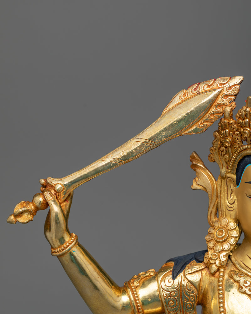 Wisdom Deity Manjushri Statue | A Resplendent Icon of Insight in 24K Gold