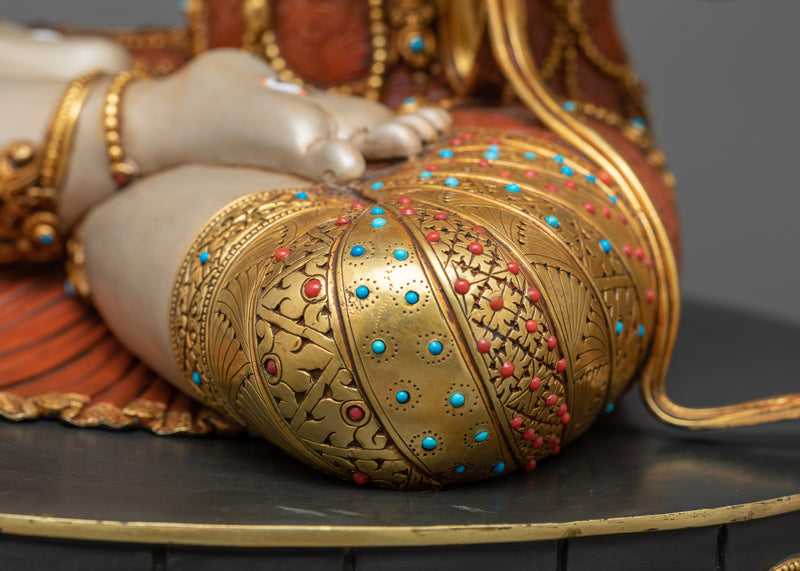 Divine White Tara Painted Sculpture | Antique Gold Gilded Radiance