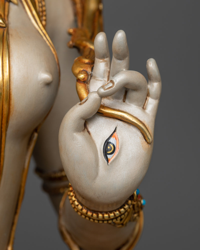 Divine White Tara Painted Sculpture | Antique Gold Gilded Radiance
