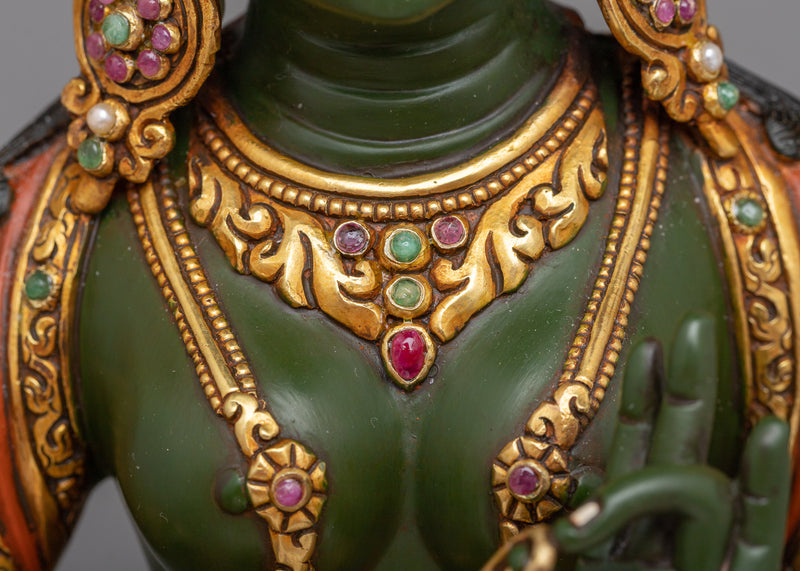 Beautiful Green Tara Statue | 24K Gold Gilded Expression of Compassion