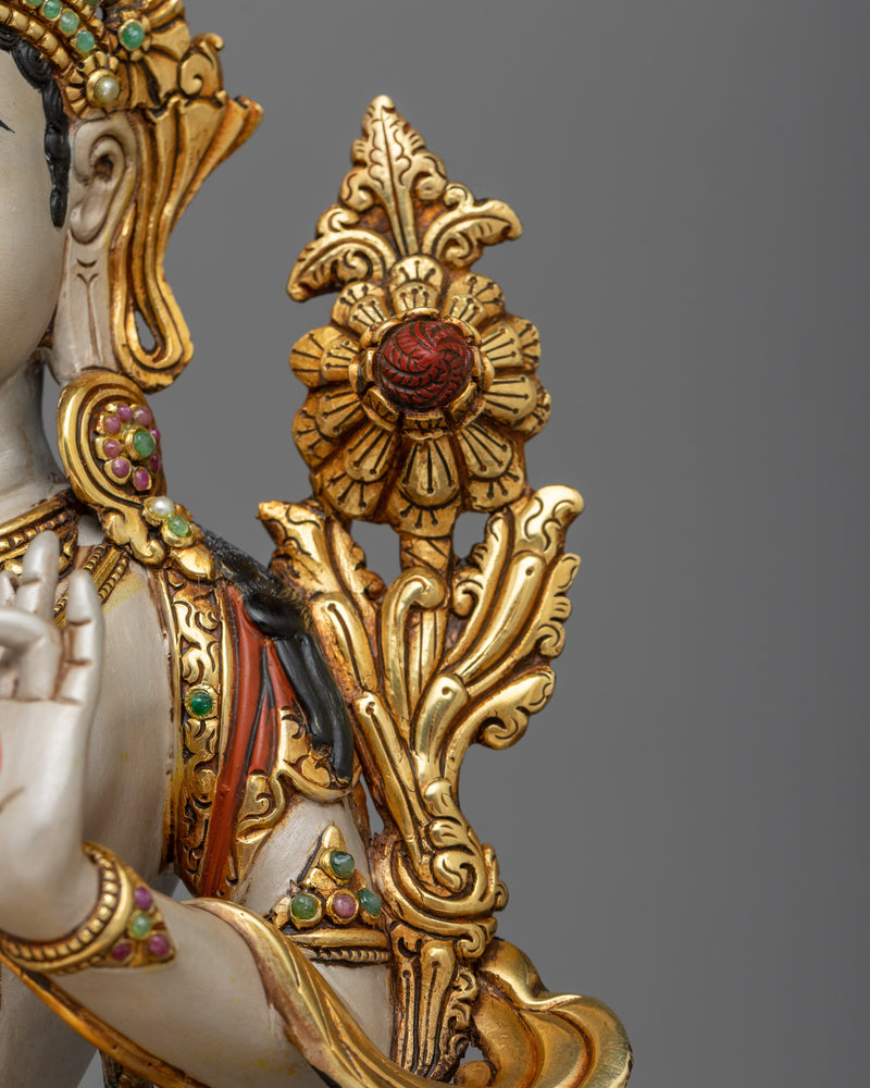 Beautiful White Tara Statue | 24K Gold Gilded Emblem of Serenity