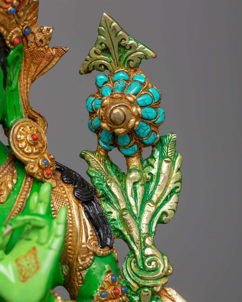 Green Tara Painted Sculpture | 24K Gold Gilded Emblem of Compassionate Action