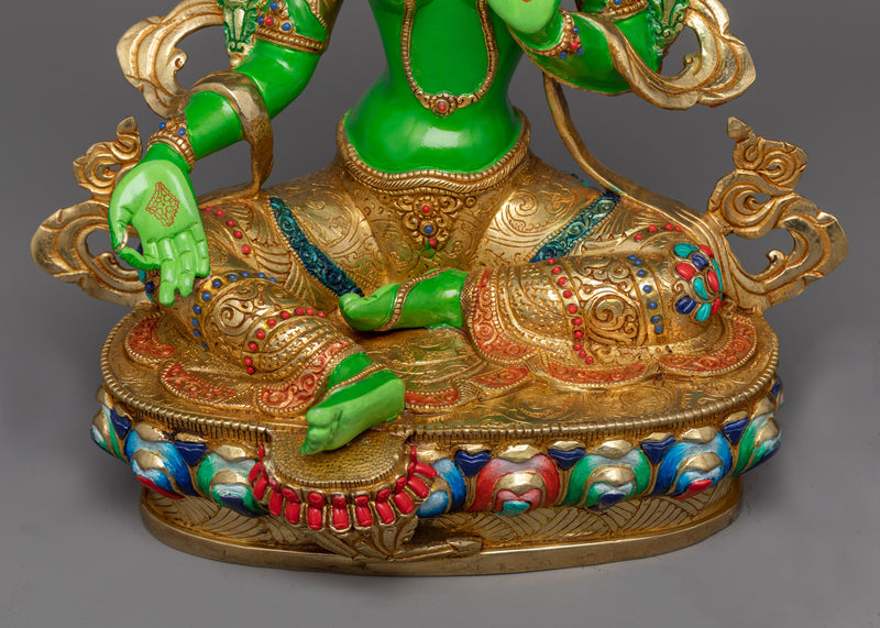 Green Tara Painted Sculpture | 24K Gold Gilded Emblem of Compassionate Action