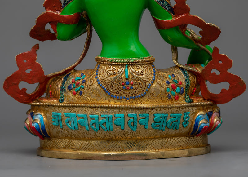 Green Tara Painted Sculpture | 24K Gold Gilded Emblem of Compassionate Action