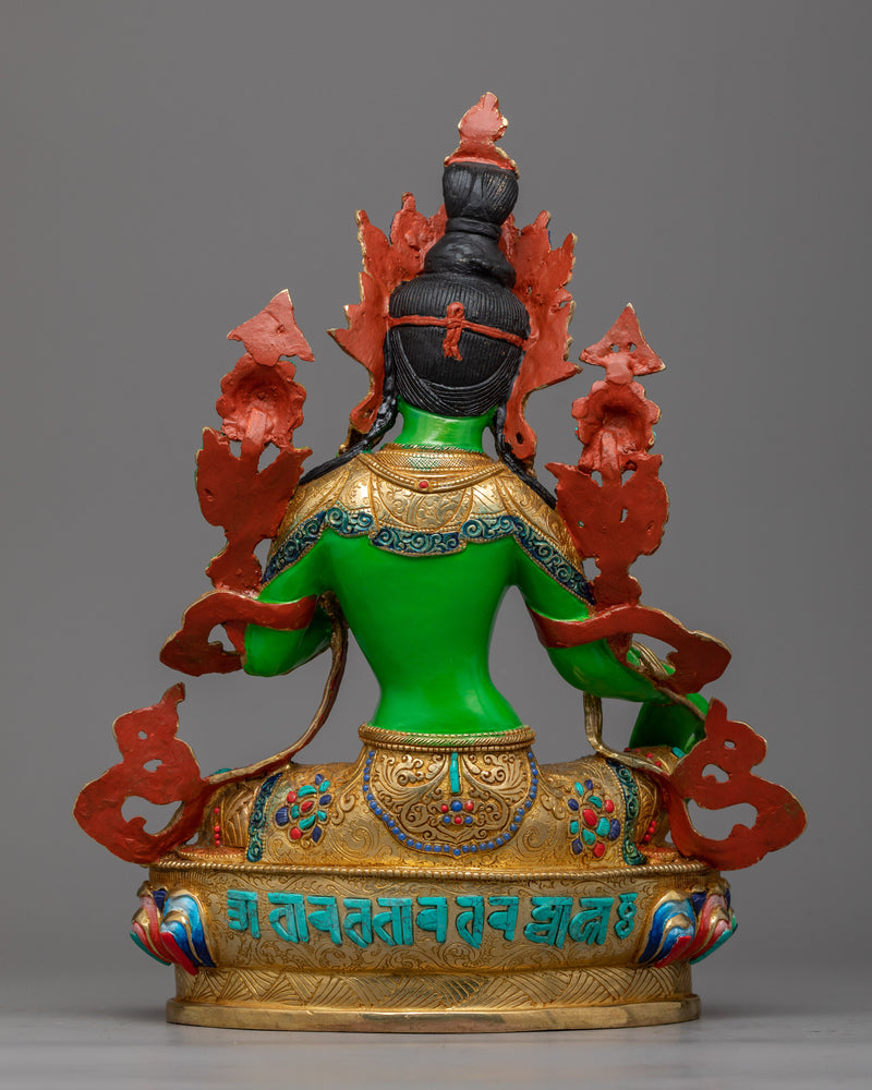 Green Tara Painted Sculpture | 24K Gold Gilded Emblem of Compassionate Action