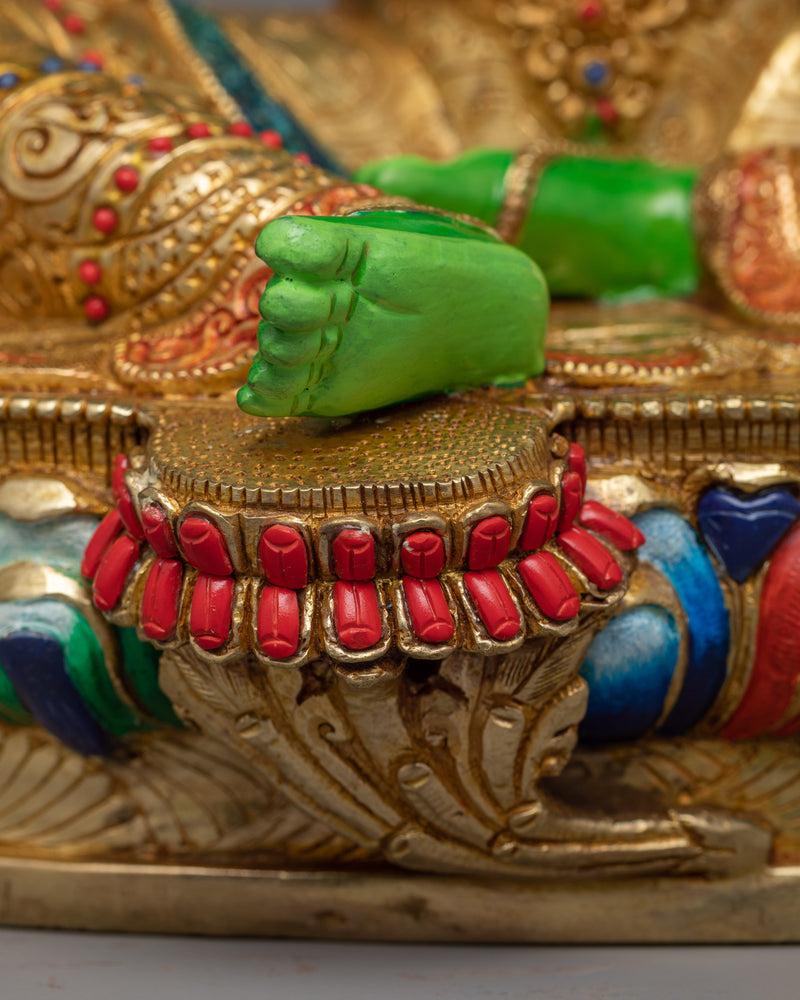 Green Tara Painted Sculpture | 24K Gold Gilded Emblem of Compassionate Action