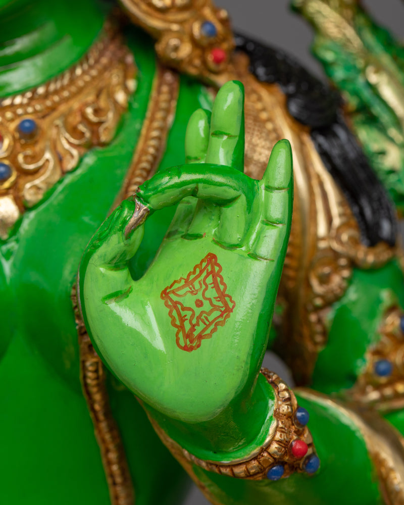 Green Tara Painted Sculpture | 24K Gold Gilded Emblem of Compassionate Action