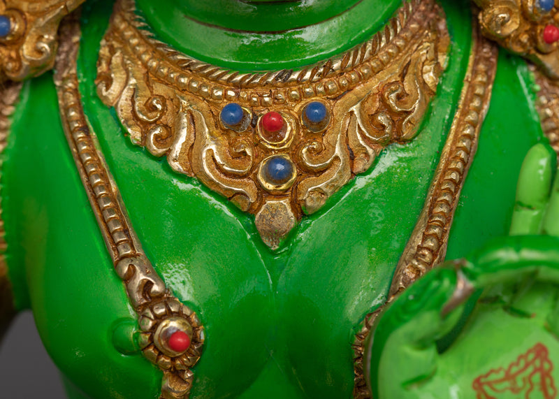 Green Tara Painted Sculpture | 24K Gold Gilded Emblem of Compassionate Action