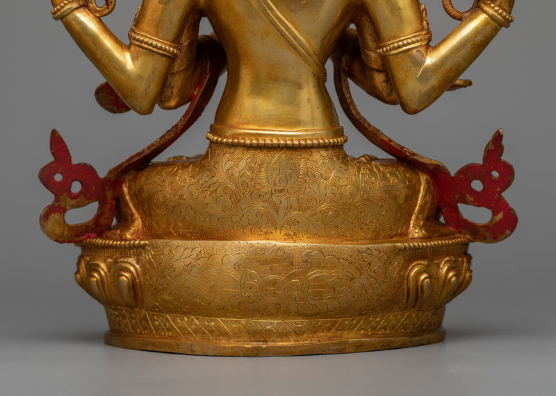 4-Armed Avalokiteshvara Sculpture | 24K Gold Gilded Compassionate Savior
