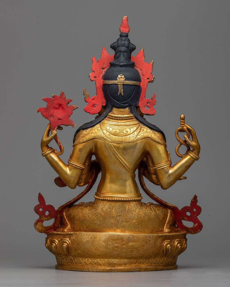 4-Armed Avalokiteshvara Sculpture | 24K Gold Gilded Compassionate Savior