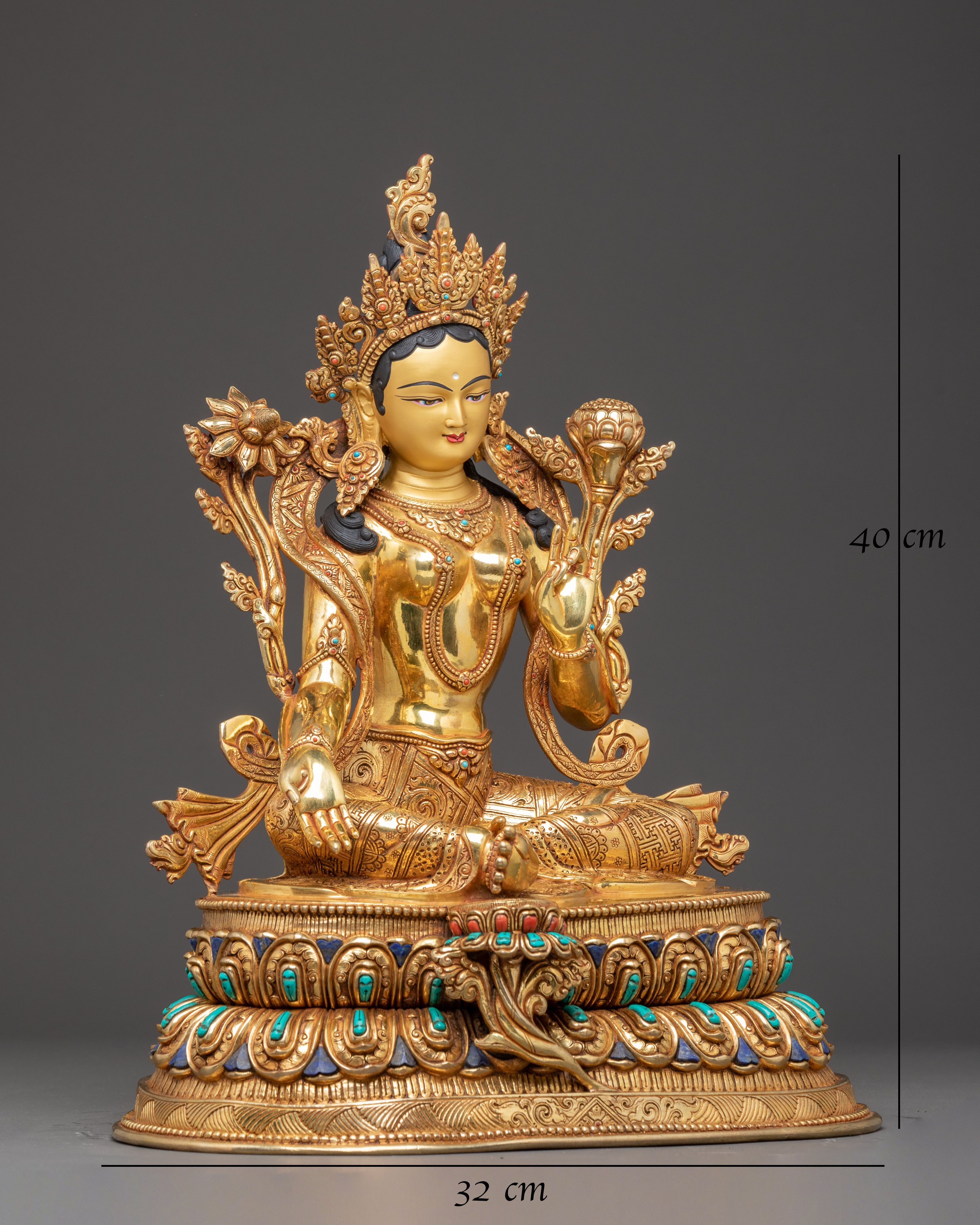 Handmade Golden Statue of Green Tara | Female Buddha of Compassion