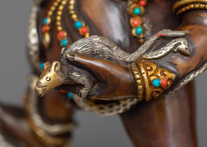 Black Dzambhala Sculpture | 24K Gold Gilded and Silver-Plated Guardian of Wealth
