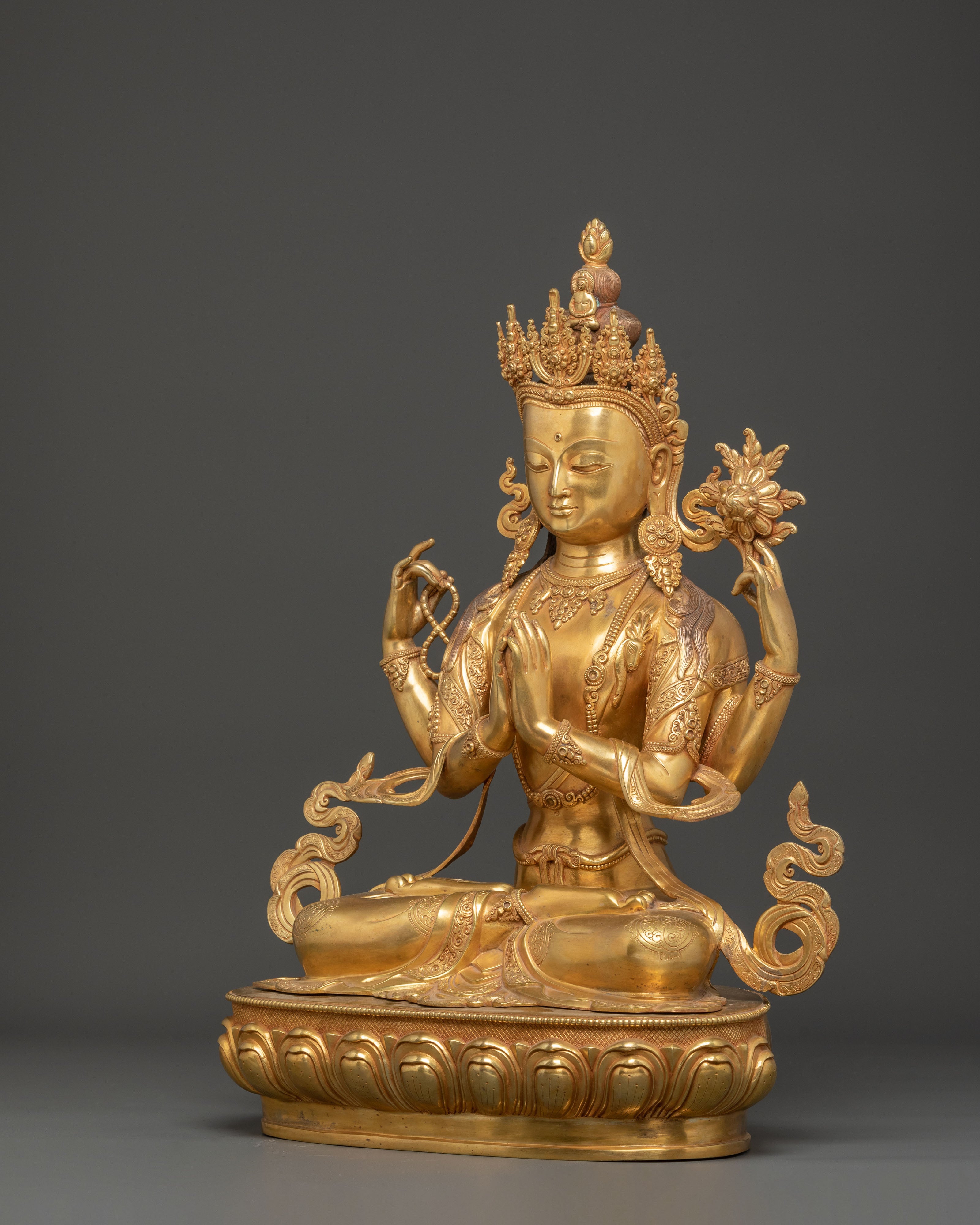 Golden Figurine Of Bodhisattva Chenrezig For Meditation | Tibetan Buddhism